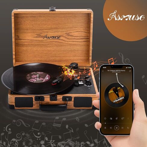 مشغل تسجيل فينيل من Asmuse، مشغل تسجيل بلوتوث ثلاثي السرعات مع مكبري صوت استريو مدمجين يدعم AUX، حقيبة محمولة ومشغل تسجيل خشبي عتيق in Kuwait