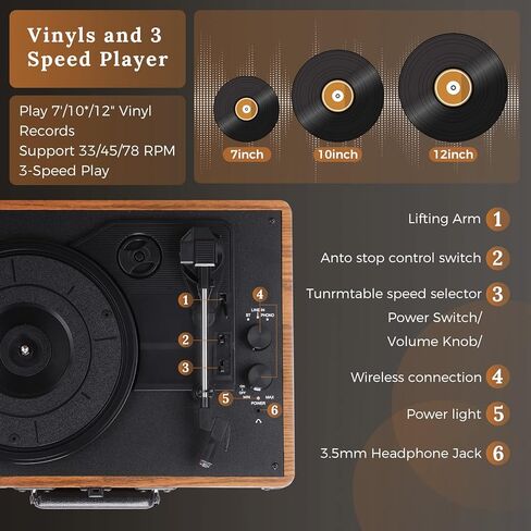 مشغل تسجيل فينيل من Asmuse، مشغل تسجيل بلوتوث ثلاثي السرعات مع مكبري صوت استريو مدمجين يدعم AUX، حقيبة محمولة ومشغل تسجيل خشبي عتيق in Kuwait