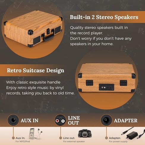 مشغل تسجيل فينيل من Asmuse، مشغل تسجيل بلوتوث ثلاثي السرعات مع مكبري صوت استريو مدمجين يدعم AUX، حقيبة محمولة ومشغل تسجيل خشبي عتيق in Kuwait