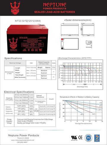 بطارية Neptune Brand NT12120 12V 12Ah بديلة SLA/AMG لبطارية سكوتر كهربائية رباعية صغيرة MotoTec 24V - عبوتان in Kuwait