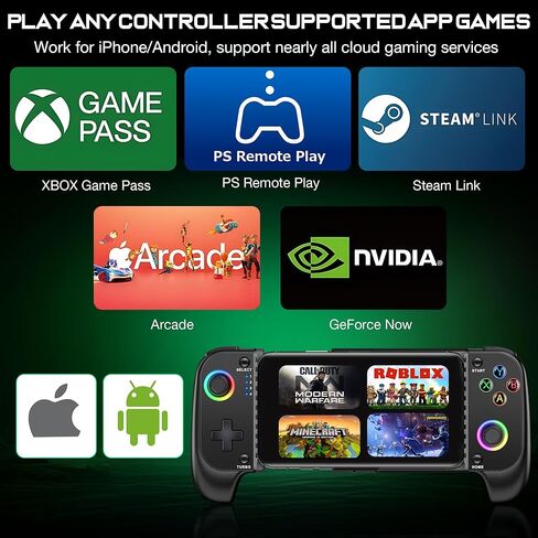 Wireless Phone Controller for iPhone/Android No Deadzone, Mobile Gaming Controller Support Xbox Game Pass, PlayStation, Steam Link, Call of Duty, Roblox, Minecraft, Cloud Gamepad for iOS with RGB in Kuwait