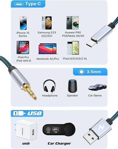 كابل USB C إلى 3.5 ملم صوت Aux جاك، 2 في 1 USB C إلى 3.5 ملم كابل شحن ستيريو للسيارة متوافق مع iPad/iPhone 15/15Pro، Galaxy S23 Ultra/S23+/S22/S22+/S21FE، Pixel 7 iPro/6 /5 in Saudi Arabia