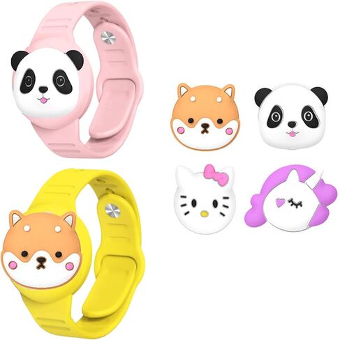 Kids Bracelet Holder for Apple Airtag[2 Pack], Cute GPS Tracker Holder Cartoon Silicone Protective Cover Case for Airtags with Loop and Wrist Strap for Kids & Adults, Healthy Material (Yellow + Pink) in Saudi Arabia