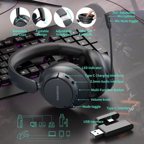 سماعة ألعاب لاسلكية بتردد 2.4 جيجا هرتز مع جهاز إرسال 2 في 1 من النوع C وUSB، وميكروفون ENC، وسماعات رأس بلوتوث للألعاب، وبطارية 55 ساعة، وزمن وصول منخفض للكمبيوتر الشخصي، والكمبيوتر المحمول، وPS4، وPS5، وSwitch، وسلسلة Xbox in Kuwait