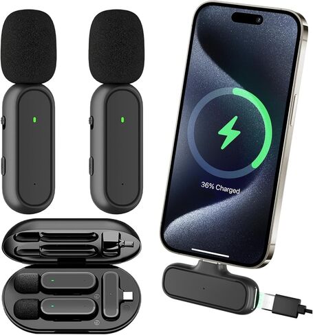 ميكروفون iPhone 15، قطعتان من ميكروفون Lavalier اللاسلكي مع علبة شحن - التوصيل والتشغيل، جودة صوت واضحة لـ iP15 Pro/Max والمزيد من هواتف USB C، K61 in Kuwait