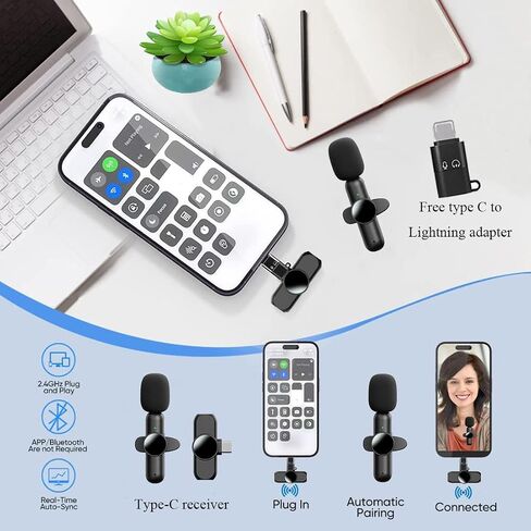 Wireless Lavalier Microphone,Lavalier Microphone for iPhone Android,2 Pack Professional Lapel Micophone Wireless for Interview Video Podcast Vlog YouTube S12 in Saudi Arabia