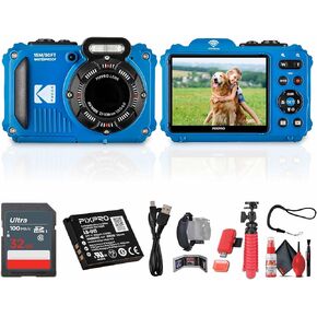 Kodak Pixpro WPZ2 Digital Camera (Blue) Bundle Including: 2X 32 GB Memory Card, Fleixble Tripod, Camera Case, Card Reader, Card Wallet, Hand Strap, Full Cleaning Kit