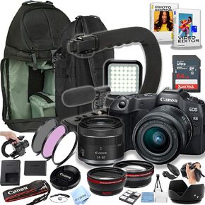 Canon EOS R8 24.2MP Mirrorless Camera with 24-50mm Lens, 64GB Ultra Memory Card, Video Light, Microphone, Filters, U-Grip, Case, Lenses, Software and More (Content Creator Bundle) (Renewed)