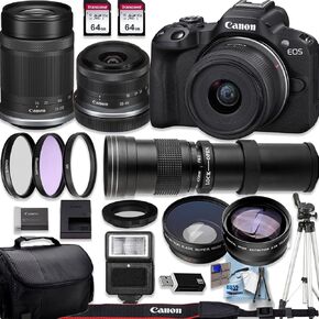 الكاميرا Canon EOS R50 4K تسجيل فيديو بدون مرآة مع 18-45 مم و CANON RF-S 55-210 مم f/5-7.1 هي STM + 420-800MM F/8.3 HD Telephoto Lensy