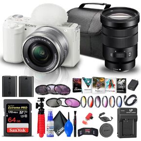Sony ZV-E10 Mirrorless Camera with 16-50mm Lens (White) (ILCZV-E10L/W) + Sony 18-105mm Lens + 64GB Card + Color Filter Kit + Filter Kit + Corel Photo Software + Bag + NPF-W50 Battery + More (Renewed)