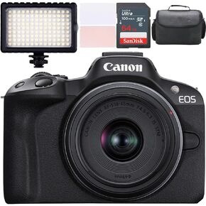 Canon EOS R50 كاميرا بدون مرآة مع Canon RF-S 18-45mm f/4.5-6.3 هي عدسة STM + مصباح فيديو LED + حالة الكاميرا + 64 جيجابايت (حزمة 12 ٪) (متجددة)