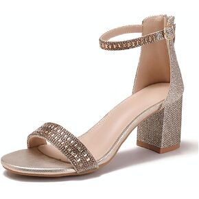 Women's Block Chunky Heel Sandals with Rhinestones & Ankle Straps Open Toe Dressy Sparkly Dress Pump High Heels Sandals for Weddings, Prom and Party