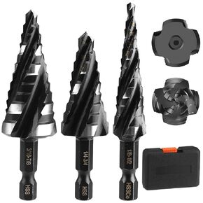Step Drill Bit Set, 3 PCS Four Spiral Flute Step Bits for Metal, 34 Sizes Titanium-Coated HSS Drill Bits with 1/4" Hex Shank for Metal, Aluminum, Wood, Plastic