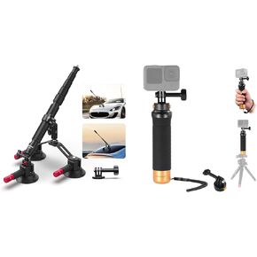 NEEWER Triple Suction Cup Car Mount Kit with 2in1 Extension Pole/Selfie Stick, Quick Release Floating Hand Grip for Action Camera Included