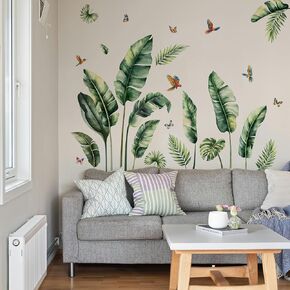 Tropical Wall Decals, Palm Leaves & Banana Leaf Wall Stickers, Nature Green Plants with Birds for Bedroom, Living Room, Office & Bathroom, Removable DIY Wall Art for Home Décor