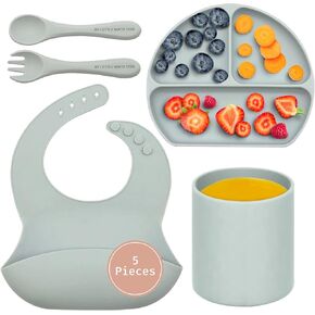 Baby Silicone Feeding Set - (5 Pack) Baby Bib, Suction Divided Plate, Self Feeding Spoon & Fork - Food Grade Soft Silicone, Toddler Weaning Utensils Plates, Infant Feeding Utensils Set for 6+ Months