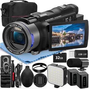 4K&48MP HD Camcorder Video Camera, Vlogging Camera with Wi-Fi & App Control, Video Recorder 16X Zoom, 270° IPS Screen