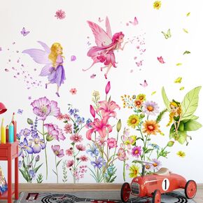 Flower Fairy Wall Decals Butterfly Girl with Wildflower Wall Stickers Girls Bedroom Baby Nursery Kids Room Wall Décor