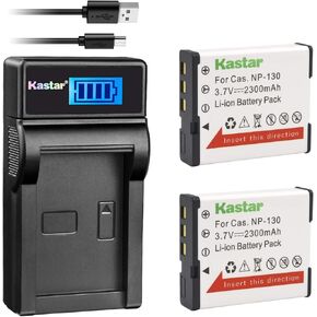 Kastar Battery (X2) وشاحن LCD Slim لـ CAS NP-130 NP-130A و EXILIM EX-10 EX-100 EX-H30 EX-ZR100 EX-ZR200 EX-ZR300 EX-ZR400 EX-ZR500 EX-ZR700 EX-ZR800 EX-ZR100 EX-ZR1500