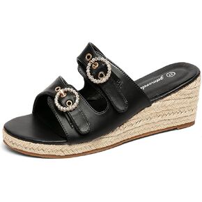 Jeesay Wedge Sandals for Women Slides with Buckle Strap Rhinestones Slip On Peep Toe Women's Platform Sandals High Heels Shoes