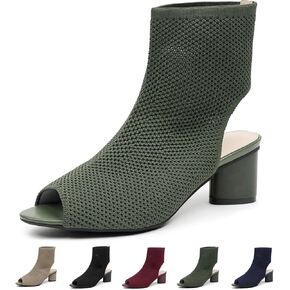 Women's Knit Peep Toe Slingback Chunky Heeled Sandals Fashion Open Pointed Toe Cut Out Slip On Backless Ankle Boots Summer Comfortable Breathable Casual Sock Booties