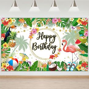 Avezano Summer Hawaiian Birthday Backdrop Tropical Flamingo Beach Birthday Party Decorations Palm Pineapple Aloha Happy Birthday Party Supplies 70.8 x 43.3 Inch