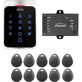 Visionis FPC-8911 VIS-3022 Access Control Outdoor Weatherproof Metal Housing Digital Keypad Reader Standalone with Mini Controller, Wiegand 26 EM Cards, Power Supply, Pack of 10 Proximity Key Tags