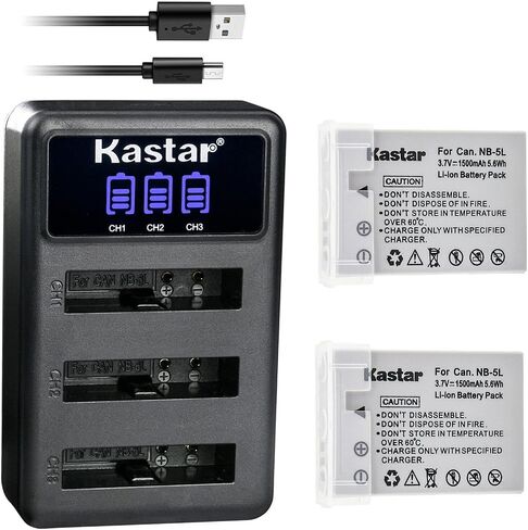 Kastar LCD Triple USB Battery Charger متوافق مع Canon NB-5L NB5L ، NB-5LH NB5LH ، 1135B001 بطارية ، شاحن CB-2LX CB-2LXE in Kuwait