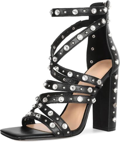Esvowido Women Chunky Heels Square Open Toe Block Gladiator High Heels Sandals with Rhinestone Bead Dressy Ankle Strap for Party Wedding Evening Date in Kuwait