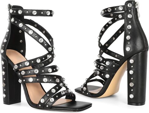 Esvowido Women Chunky Heels Square Open Toe Block Gladiator High Heels Sandals with Rhinestone Bead Dressy Ankle Strap for Party Wedding Evening Date in Kuwait