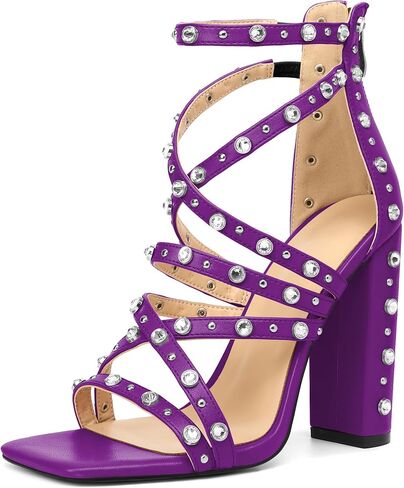 Esvowido Women Chunky Heels Square Open Toe Block Gladiator High Heels Sandals with Rhinestone Bead Dressy Ankle Strap for Party Wedding Evening Date in Kuwait