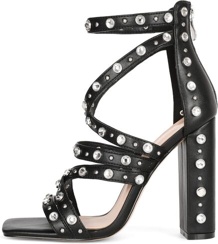 Esvowido Women Chunky Heels Square Open Toe Block Gladiator High Heels Sandals with Rhinestone Bead Dressy Ankle Strap for Party Wedding Evening Date in Kuwait