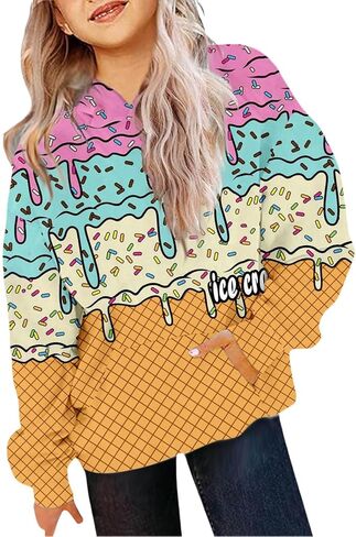 Ice Cream Hoodies for Teen Girls Cute Graphic Print Pullover Long Sleeve Trendy Casual Kids Clothes 3-12 Years in Saudi Arabia