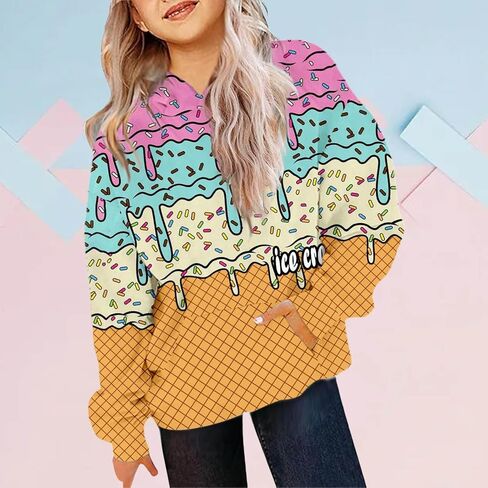 Ice Cream Hoodies for Teen Girls Cute Graphic Print Pullover Long Sleeve Trendy Casual Kids Clothes 3-12 Years in Saudi Arabia