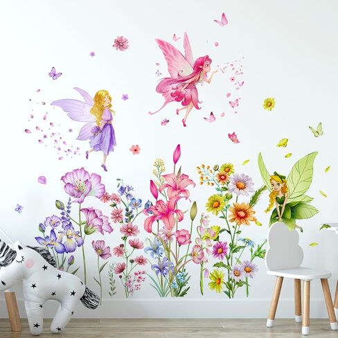 Flower Fairy Wall Decals Butterfly Girl with Wildflower Wall Stickers Girls Bedroom Baby Nursery Kids Room Wall Décor in Saudi Arabia