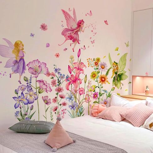 Flower Fairy Wall Decals Butterfly Girl with Wildflower Wall Stickers Girls Bedroom Baby Nursery Kids Room Wall Décor in Saudi Arabia