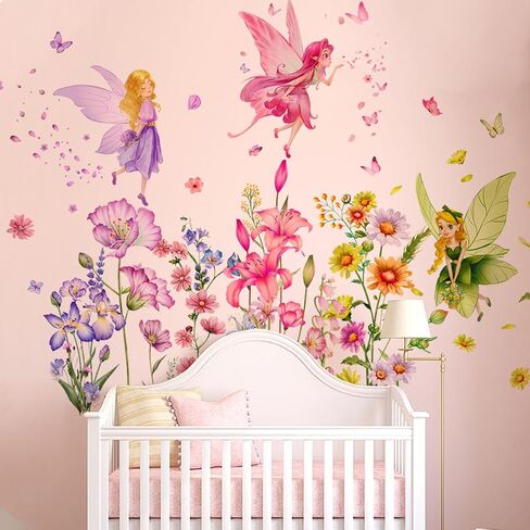 Flower Fairy Wall Decals Butterfly Girl with Wildflower Wall Stickers Girls Bedroom Baby Nursery Kids Room Wall Décor in Saudi Arabia