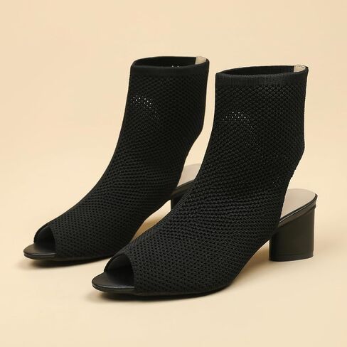 Women's Knit Peep Toe Slingback Chunky Heeled Sandals Fashion Open Pointed Toe Cut Out Slip On Backless Ankle Boots Summer Comfortable Breathable Casual Sock Booties in Kuwait