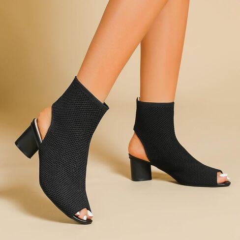 Women's Knit Peep Toe Slingback Chunky Heeled Sandals Fashion Open Pointed Toe Cut Out Slip On Backless Ankle Boots Summer Comfortable Breathable Casual Sock Booties in Kuwait