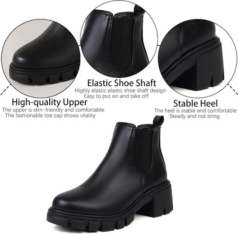 Women's Leather Platform Chunky Heel Ankle Boots Retro Comfortable Round Toe Pull On Non-slip Lug Sole Mid Heel Chelsea Booties Fall Winter Daily Work Dress Combat Boots in Saudi Arabia