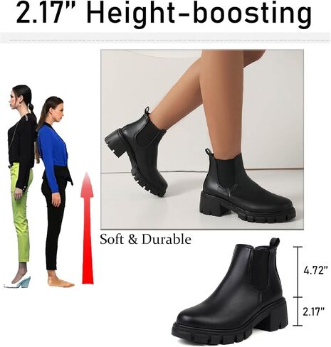 Women's Leather Platform Chunky Heel Ankle Boots Retro Comfortable Round Toe Pull On Non-slip Lug Sole Mid Heel Chelsea Booties Fall Winter Daily Work Dress Combat Boots in Saudi Arabia