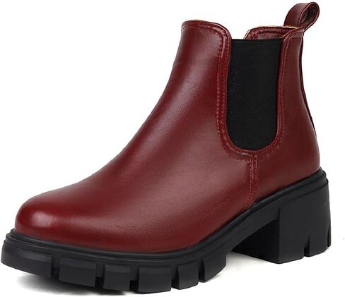 Women's Leather Platform Chunky Heel Ankle Boots Retro Comfortable Round Toe Pull On Non-slip Lug Sole Mid Heel Chelsea Booties Fall Winter Daily Work Dress Combat Boots in Saudi Arabia
