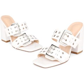 Womens Two Strap Heeled Sandals 4.1-Inch Chunky Heels Punk Slip On Shoes Square Toe Slippers Backless Sandal for Daliy