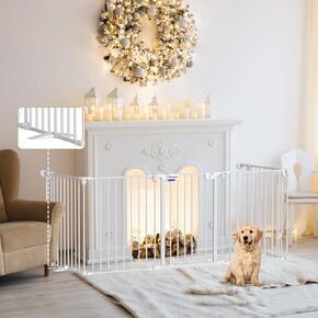 Dog Gate 27.5"-129" Extra-Wide Playpen, Freestanding Pet Gate, Puppy Fence with Auto-Close Door, Double Locking System for Fireplace, Foldable (Black, 5 Panels