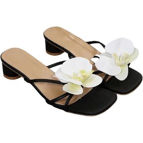 MakeMeChic Women's 3D Flower Heeled Sandals Starppy Leather Open Toe Slip On Chunky Sandal