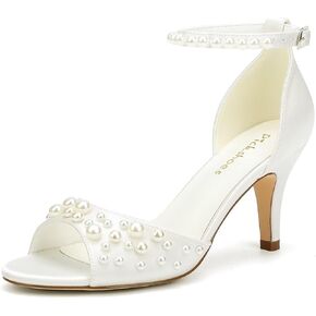 Pearl Heels Wedding Shoes for Bride Open Toe Bridal Shoes Ankle Strap Wedding Heels