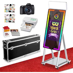 Magic Mirror Photo Booth 45in with 22in Touch Screen with Fill Light and Flight Case Selfie Mirror Photobooth Machine for Events Parties Wedding Rental (White+Camera+Printer)