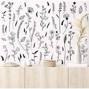 Kazova Floral Leaf Wall Decals Black Wildflower Wall Stickers Bouquet Botanical Plant Leaves Wall Stickers Peel and Stick Floral Flower Wall Deals for Kids Room Nursery Bedroom Decor