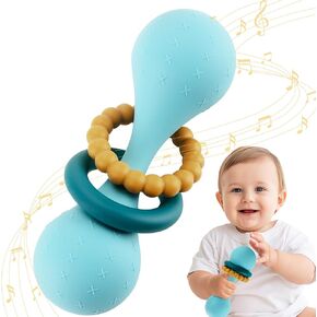 Baby Stacking Toys Silicone Teething&Squeezing Shaker Grab Spin Montessori Sensory Rattle for Babies Toddlers(Blue)