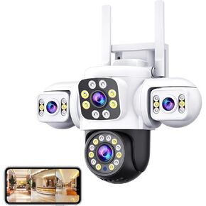 Three Lens Security Camera Outdoor, 360° View WiFi Outside Camera for Home Security, Human Detection, Night Vision, Pan & Tilt, IP66 Water Proof, 2 Way Audio, SD & Cloud Storage